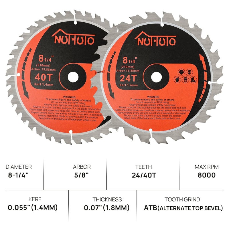 NUTTUTO 2 Pack 8-1/4" 24T&40T Circular Saw Blade, Saw Blade Arbor Size 5/8-inch, TCT ATB for Cutting Wood, Plastic, PVC, Acrylic,by - Image 2